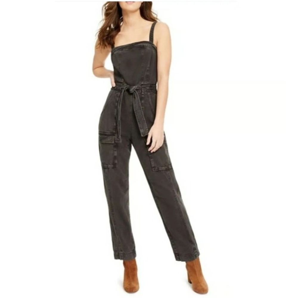 Free People Go West Utility Jumpsuit Washed Black Grey Size S Cutout Back Tie - Picture 2 of 16